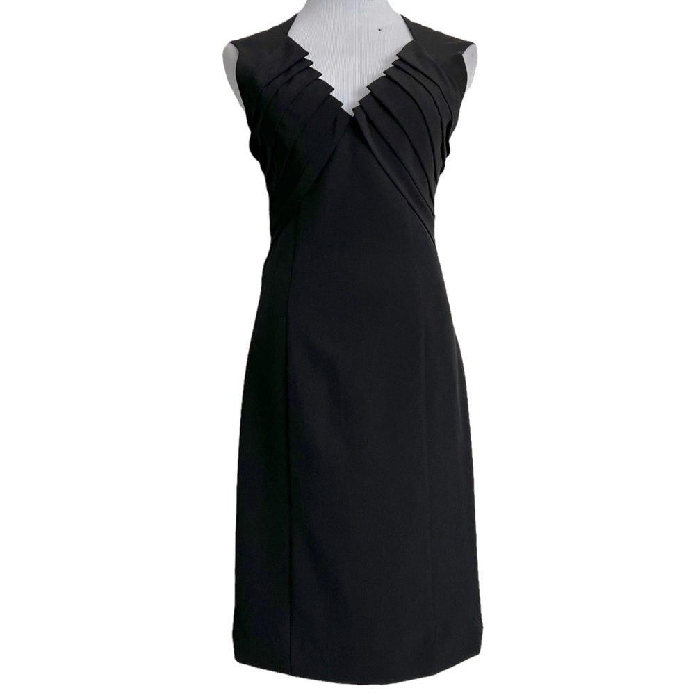 Black Halo Sleeveless V-Neck Black Sheath Dress Pleated Neckline